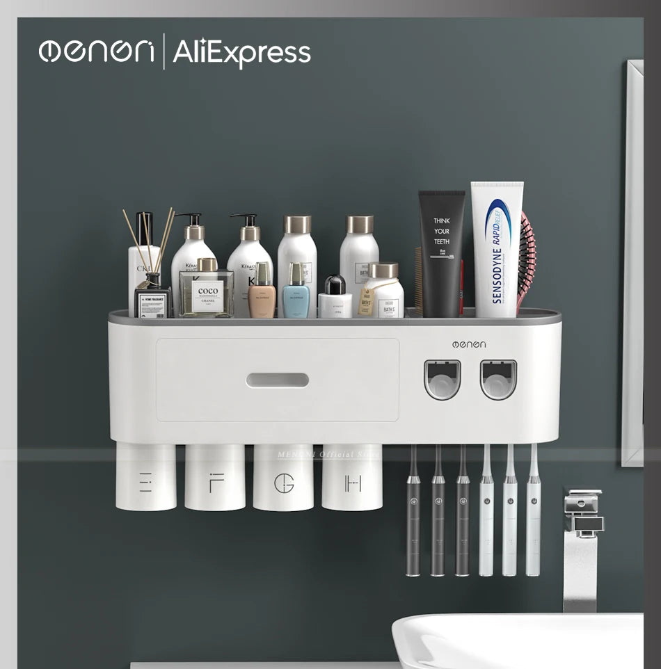 MENGNI Magnetic Wall Toothbrush Holder With Toothpaste Squeezer