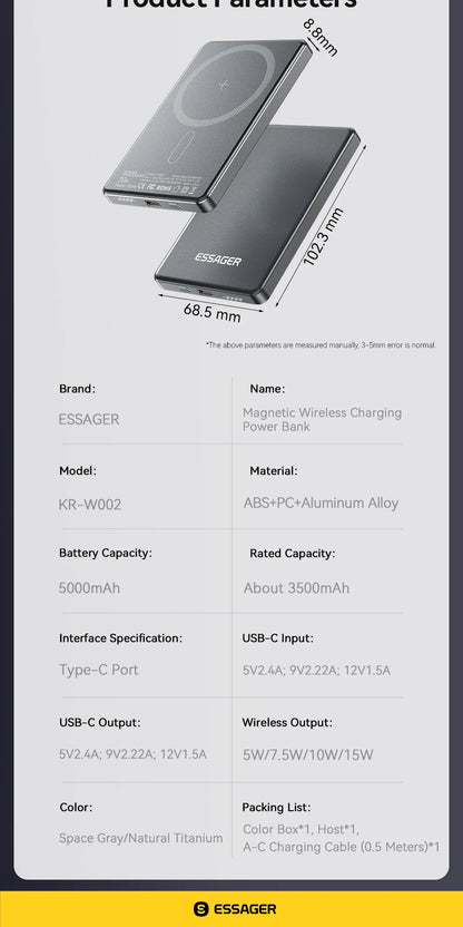 Essager Magnetic Wireless Power Bank 5000mAh 20W Fast Charging for iPhone