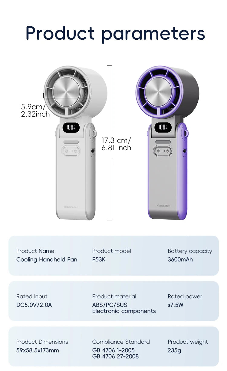 Kinscoter Handheld Fan, 100-Speed Cooling for Travel